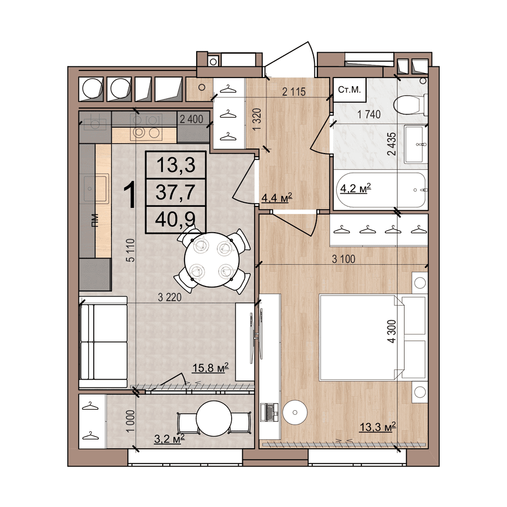 1-комнатная 40 м2 в ЖК Skyline-2 корпус null этаж 13