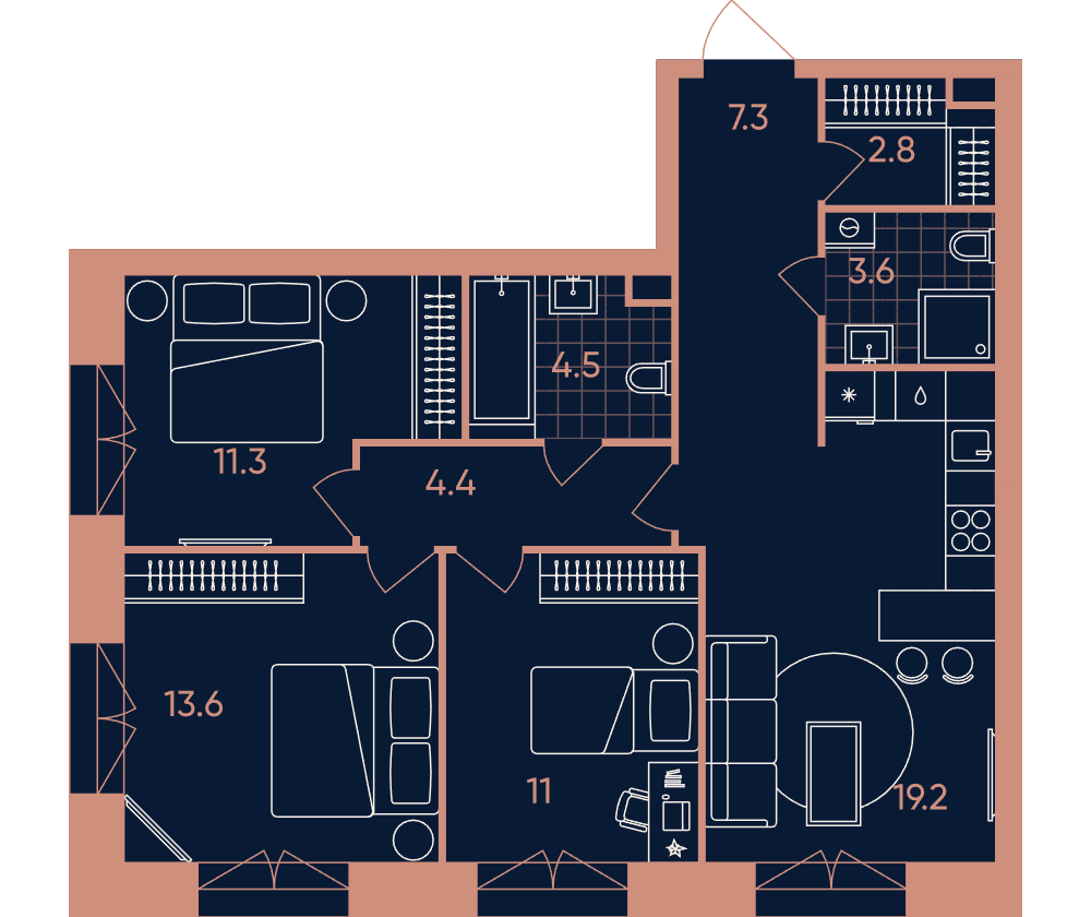 4-комнатная 77 м2 в ЖК ERA / Дербеневская 20 корпус null этаж 8