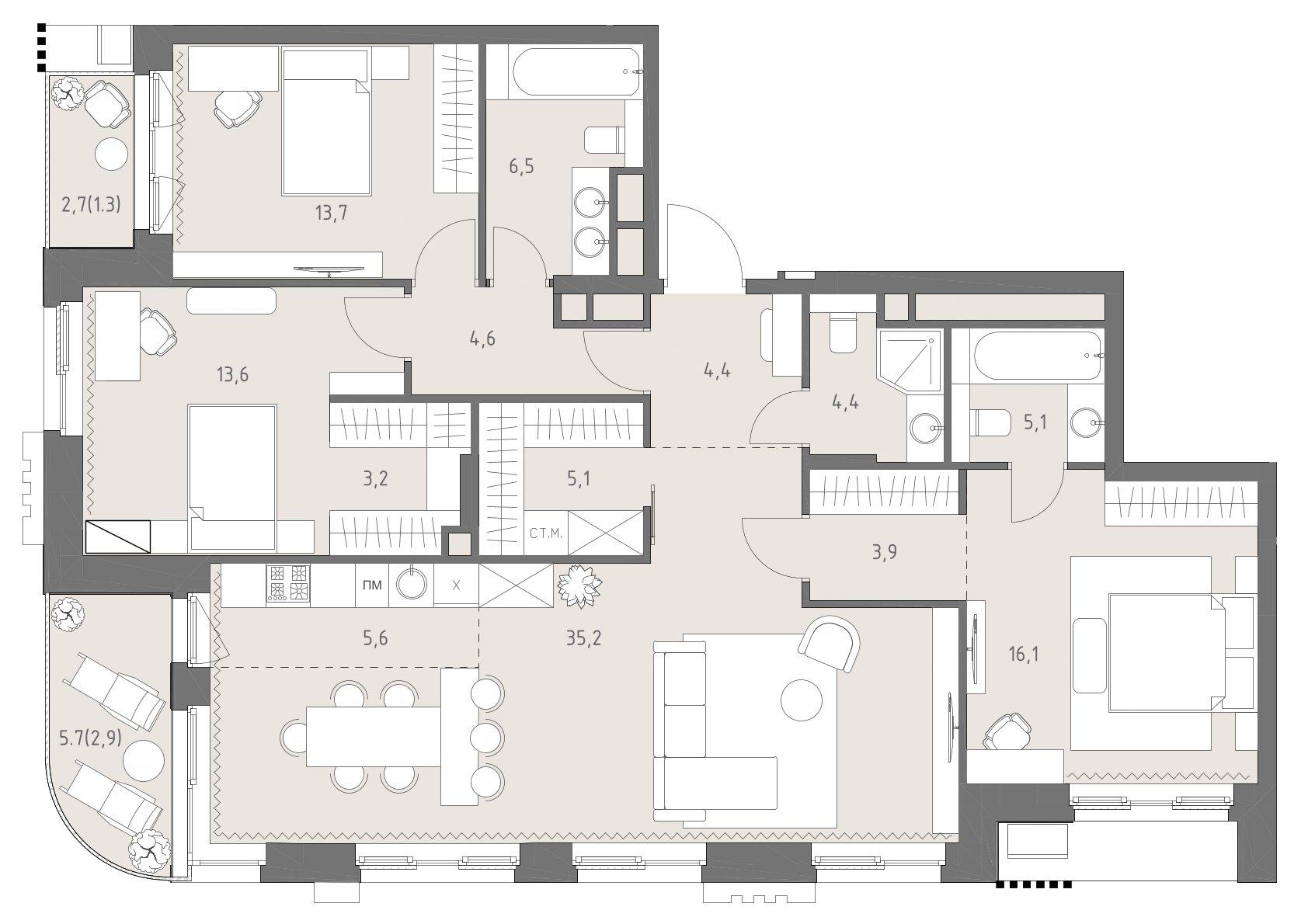 4-комнатная 125 м2 в ЖК Родина парк корпус null этаж 10