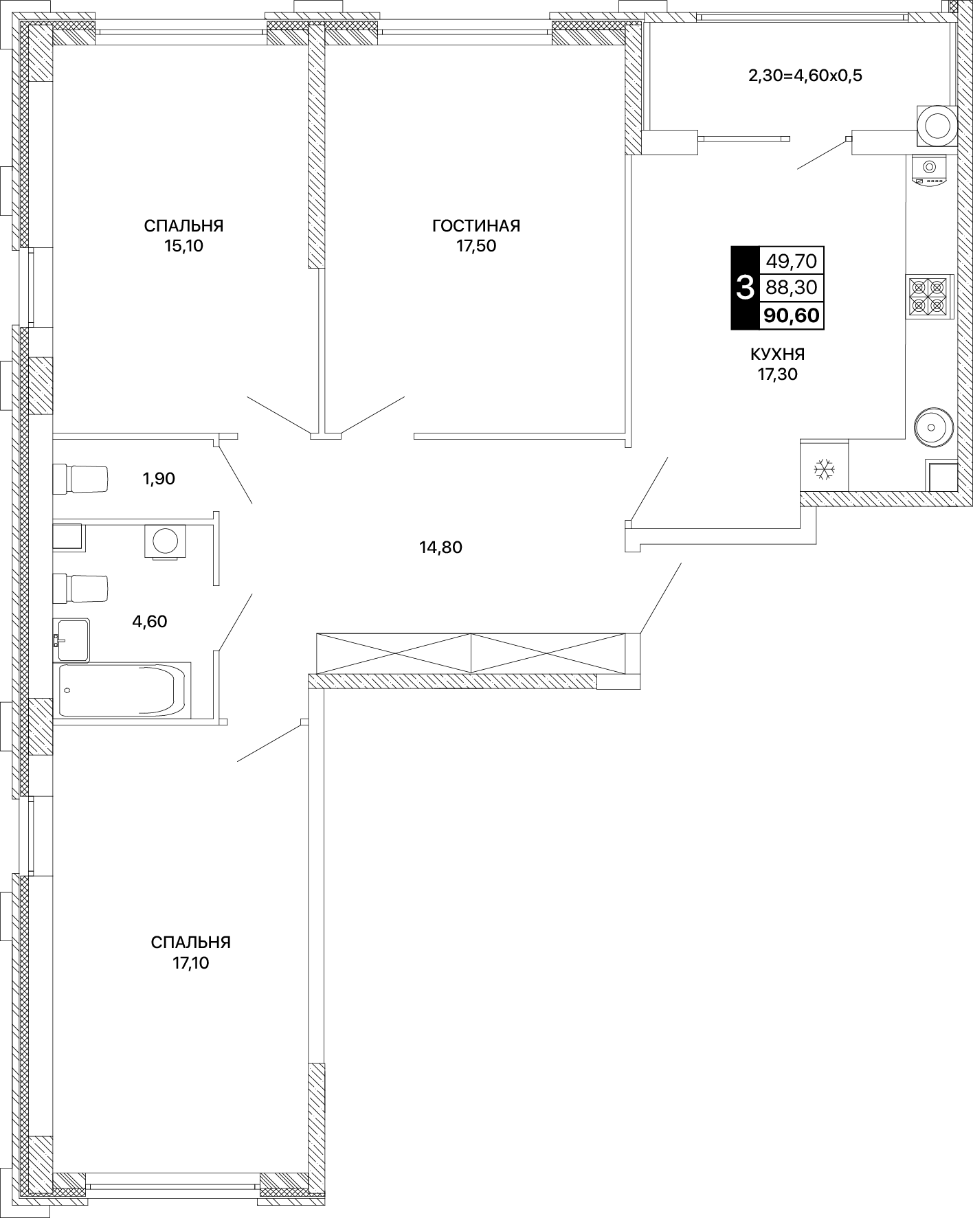 3-комнатная 90 м2 в ЖК Сияние корпус null этаж 2