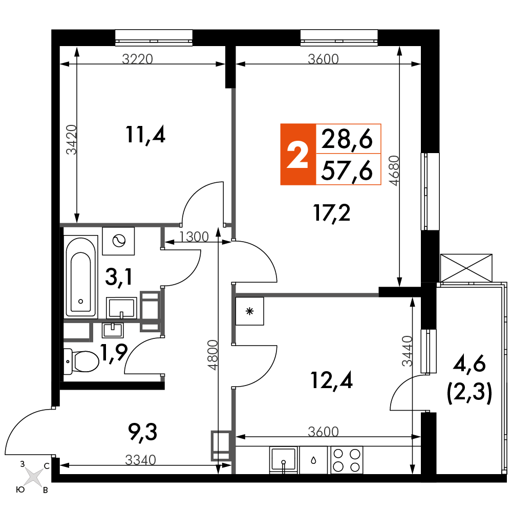 2-комнатная 57 м2 в ЖК Олимп корпус null этаж 9