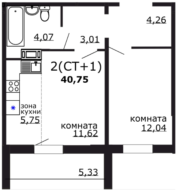 2-комнатная 40.8 м2 в ЖК undefined корпус null этаж 7