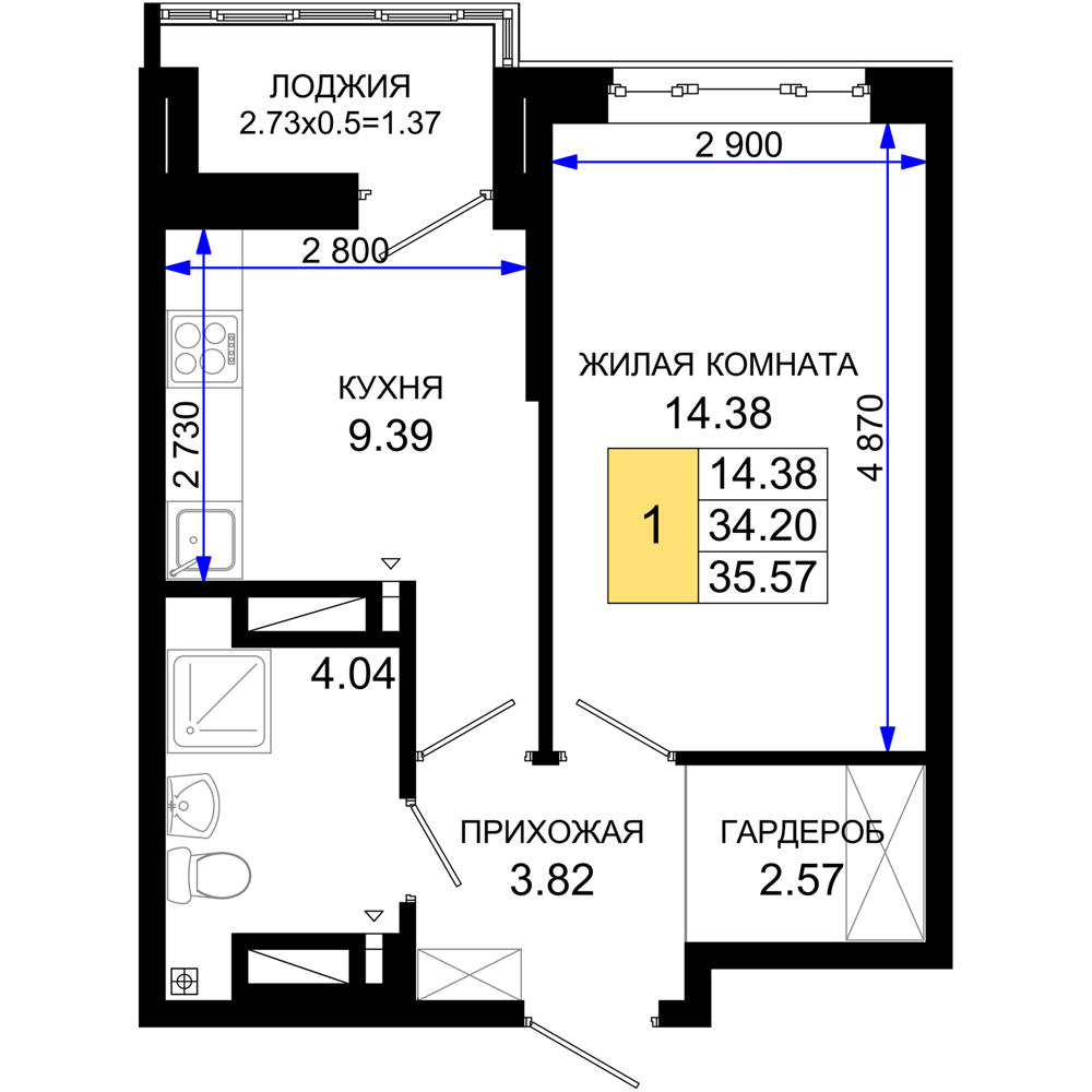 1-комнатная 35 м2 в ЖК Октябрь парк корпус null этаж 13