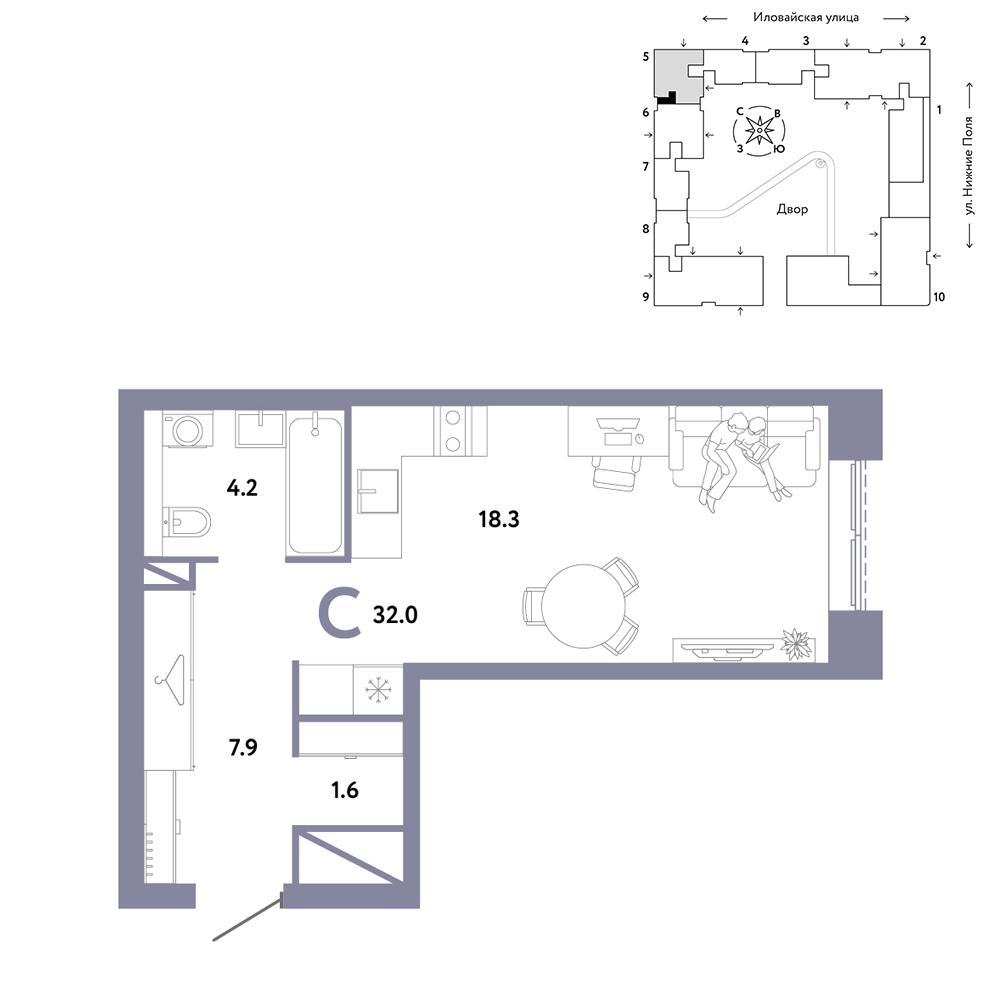 1-комнатная 32 м2 в ЖК Страна.Заречная корпус null этаж 10
