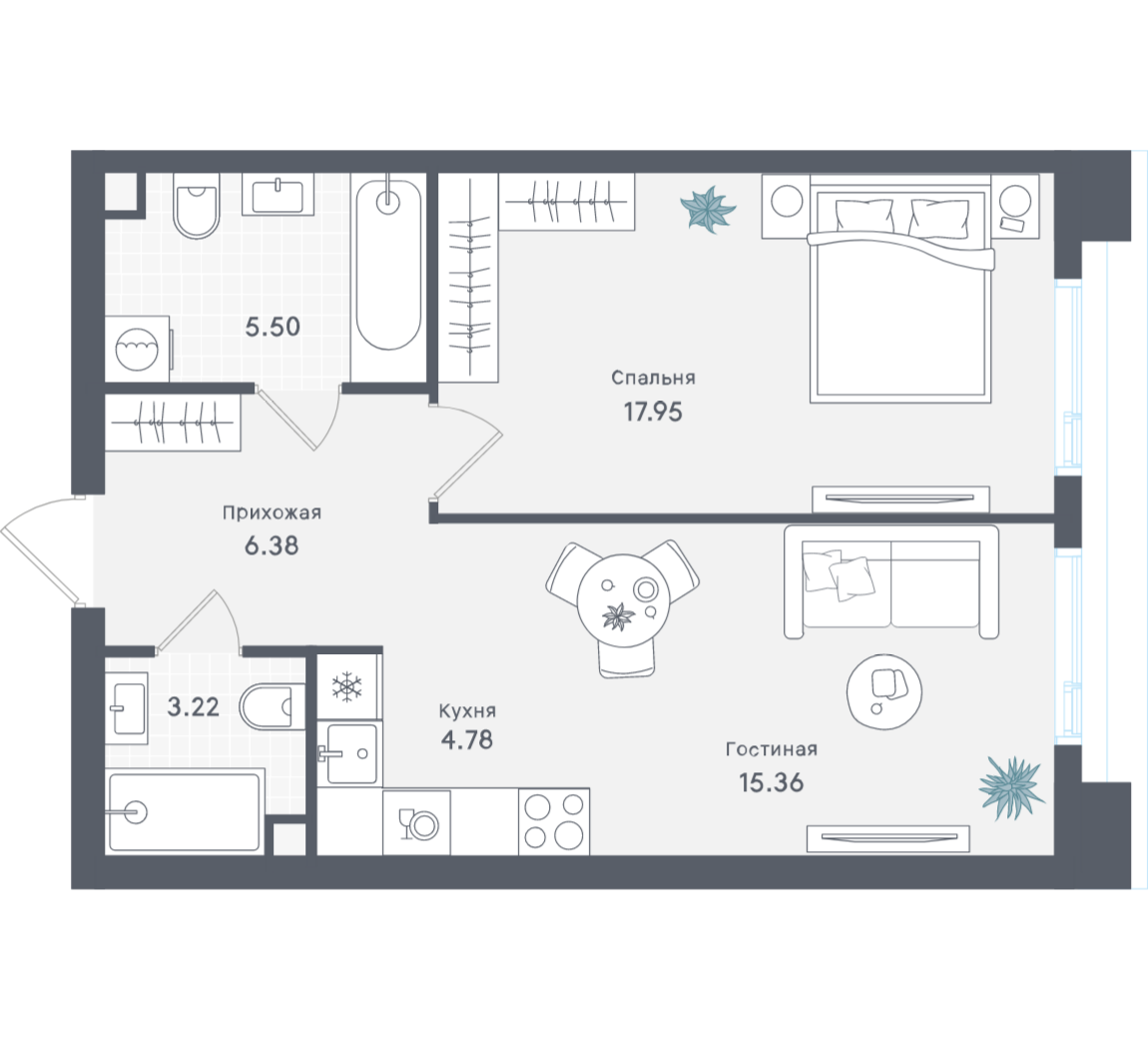 1-комнатная 53 м2 в ЖК Solos корпус null этаж 37