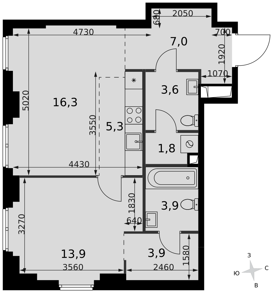 2-комнатная 55 м2 в ЖК Сидней Сити корпус null этаж 13