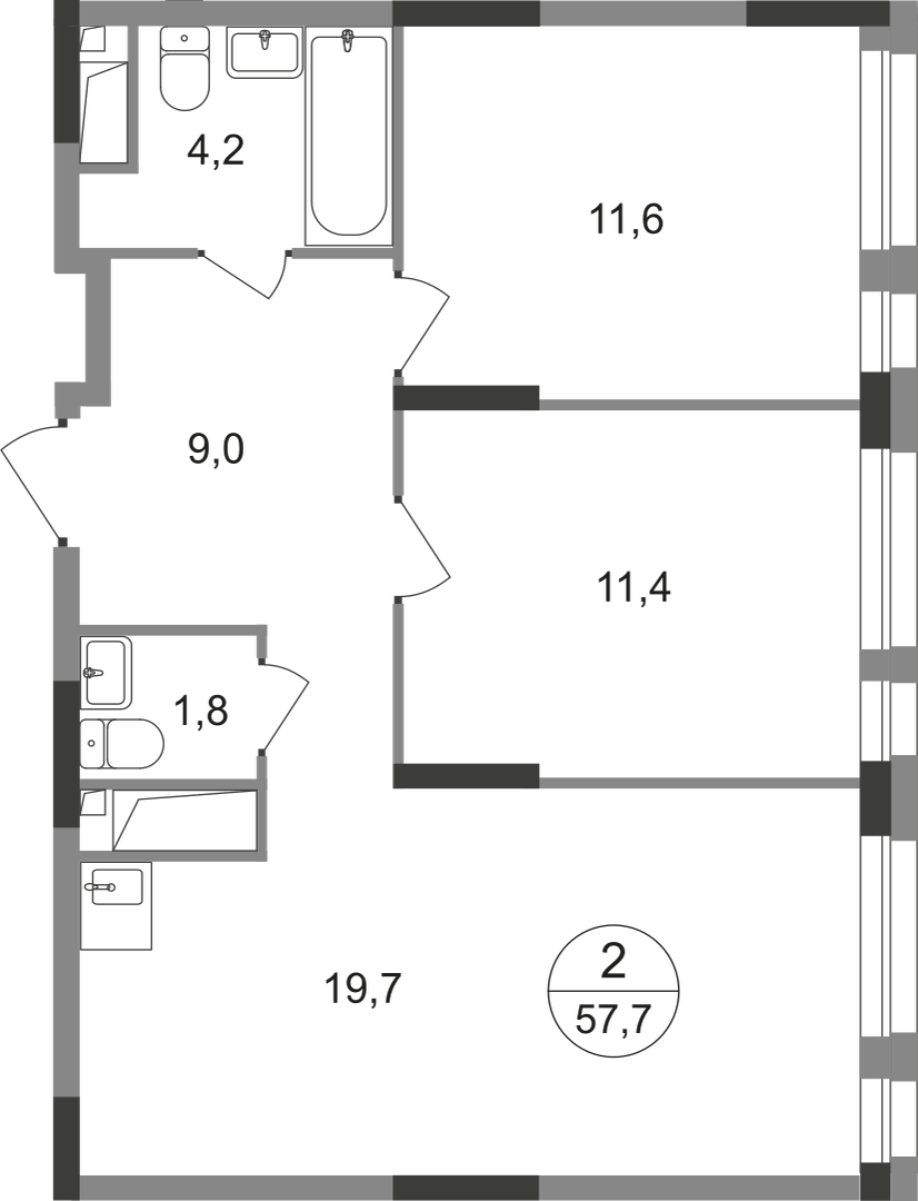 2-комнатная 57 м2 в ЖК Первый Московский корпус null этаж 4