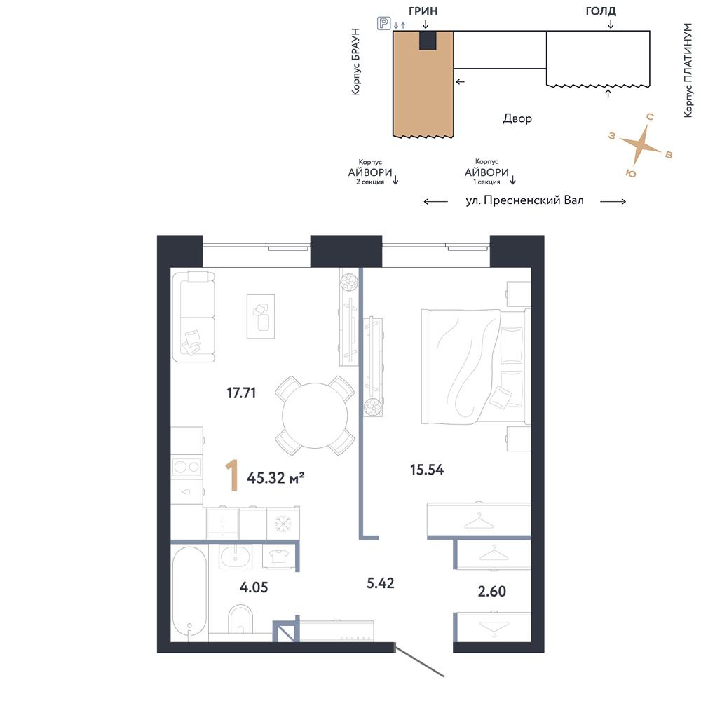 1-комнатная 45 м2 в ЖК Репаблик корпус null этаж 15