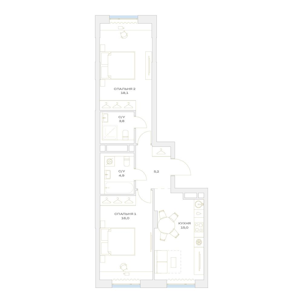 2-комнатная 63 м2 в ЖК Детали корпус null этаж 6