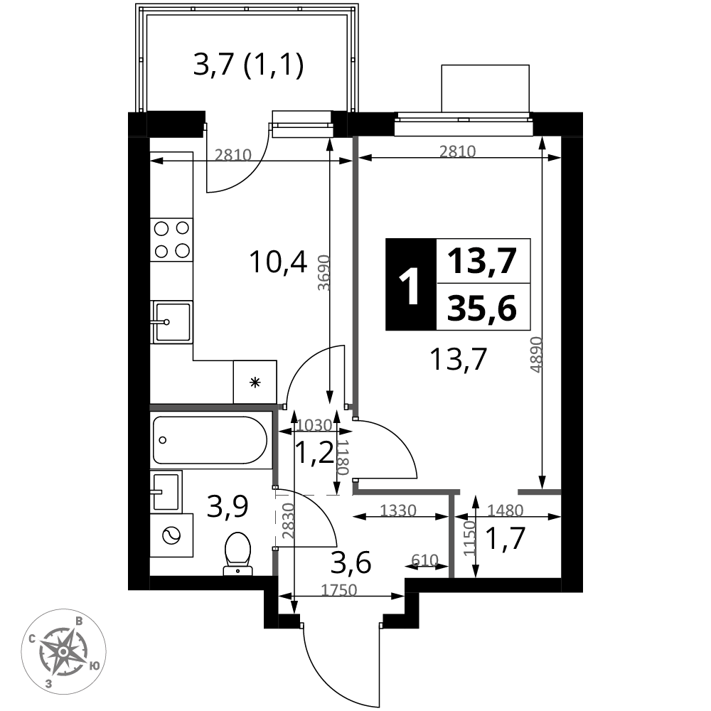 1-комнатная 35 м2 в ЖК 1-й Измайловский корпус null этаж 4