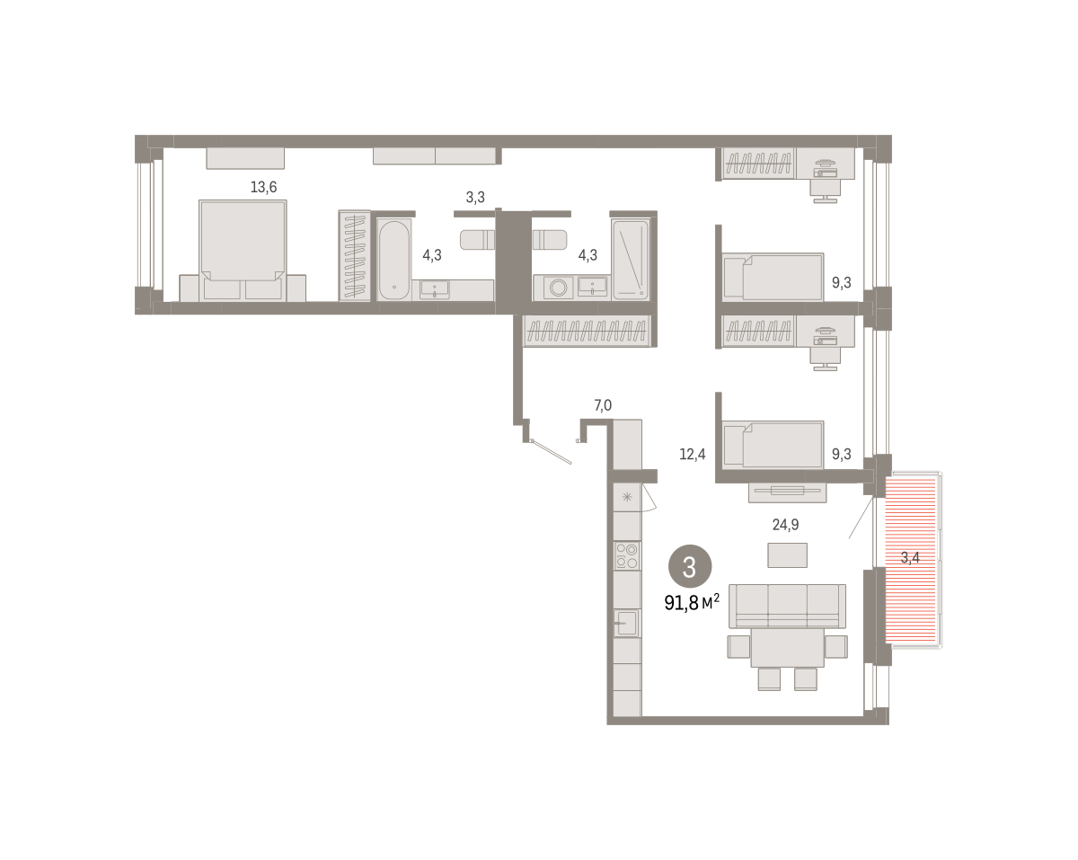 3-комнатная 91 м2 в ЖК Квартал Нефть корпус null этаж 3