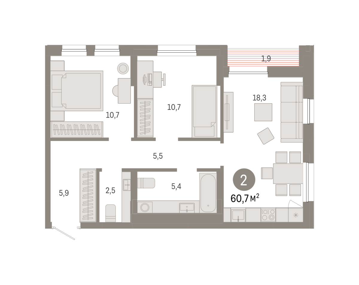 2-комнатная 60 м2 в ЖК Республики 205 корпус null этаж 16