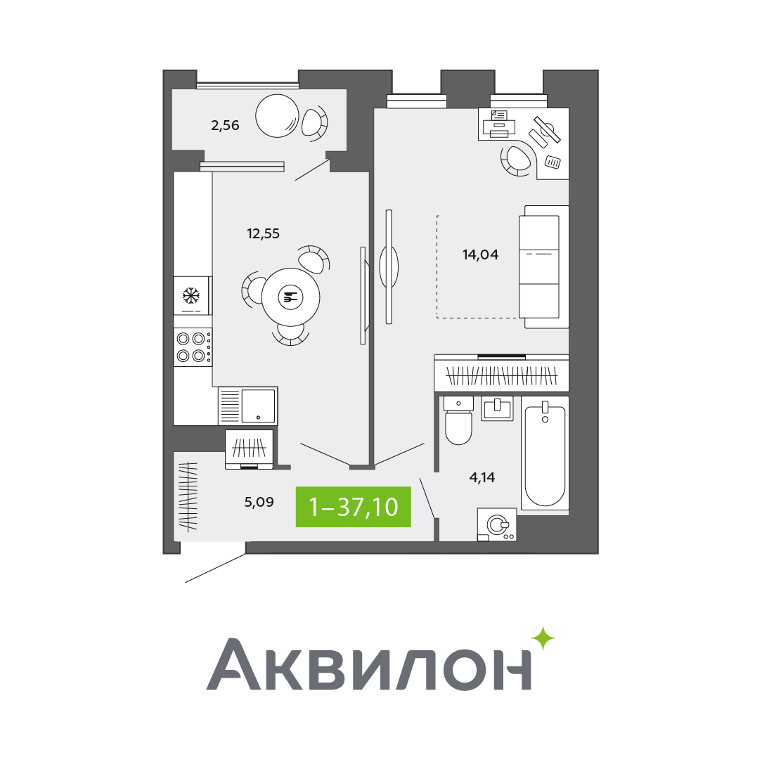 1-комнатная 37 м2 в ЖК Аквилон CITY Towers корпус null этаж 13