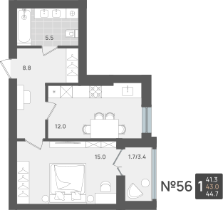 1-комнатная 43 м2 в ЖК Сальвадор корпус null этаж 2