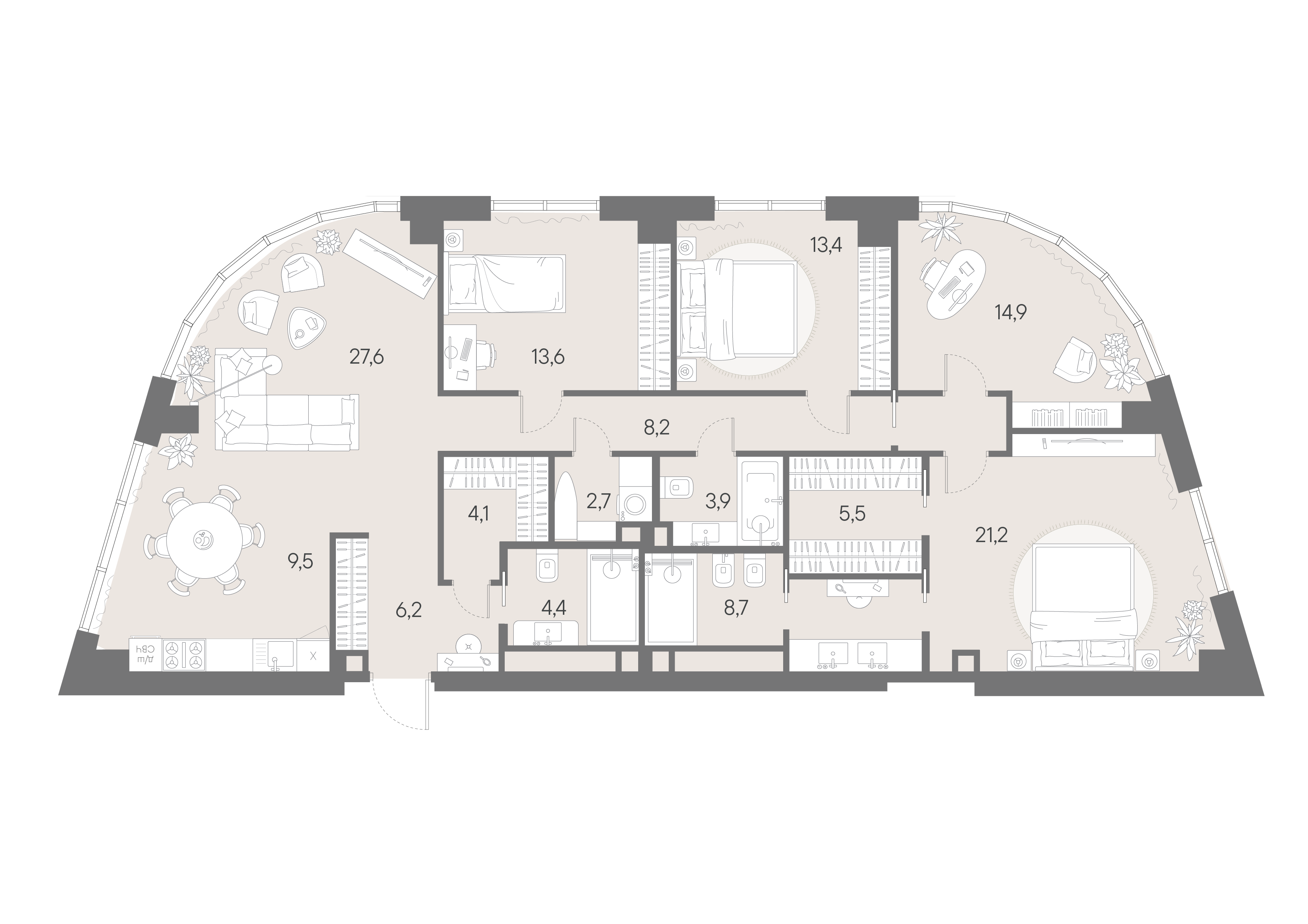 4-комнатная 143 м2 в ЖК Родина парк корпус null этаж 28