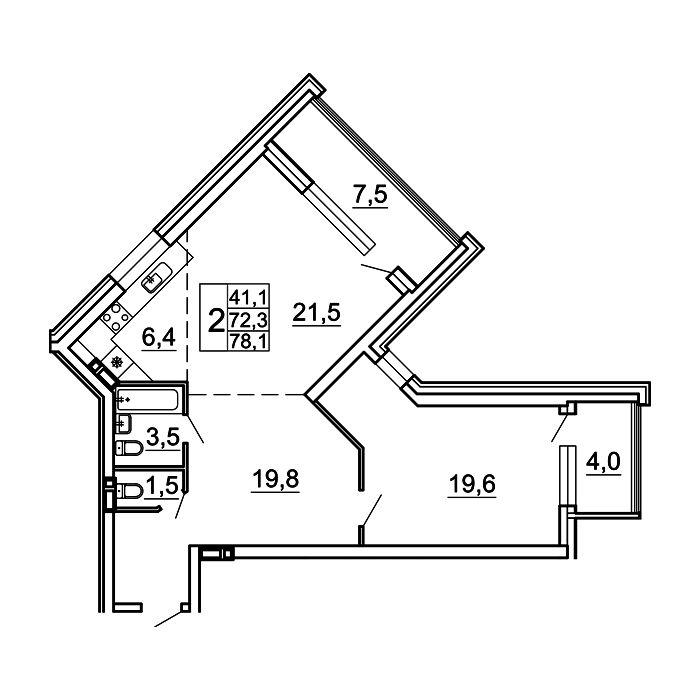 2-комнатная 78 м2 в ЖК Сингапур корпус null этаж 10