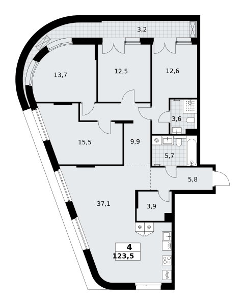 4-комнатная 123 м2 в ЖК Хольм корпус null этаж 8