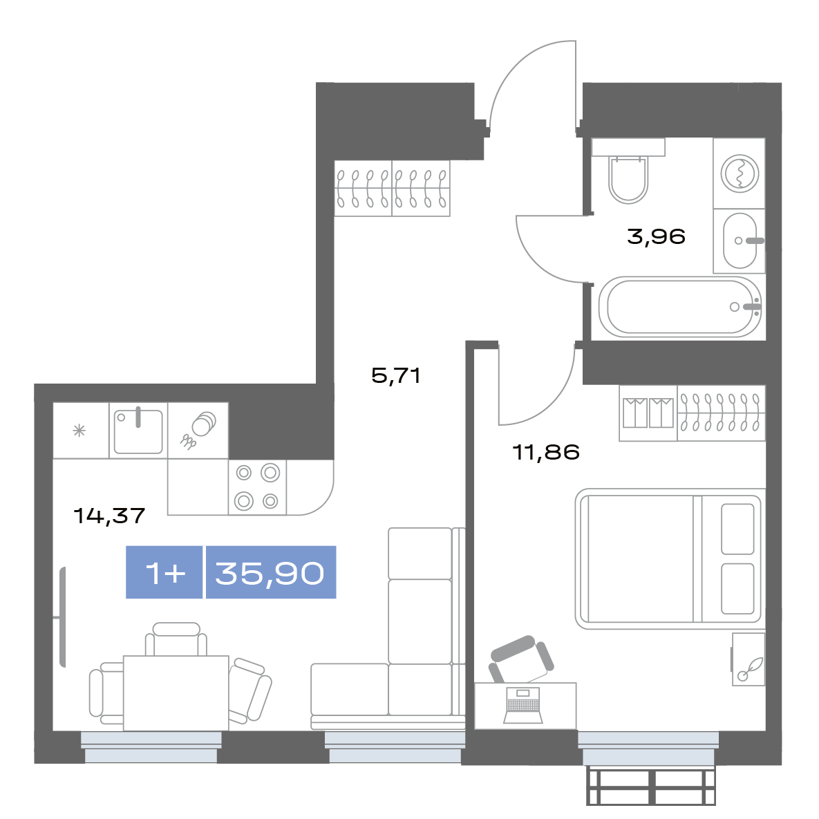 1-комнатная 35 м2 в ЖК Толк Медный корпус null этаж 11