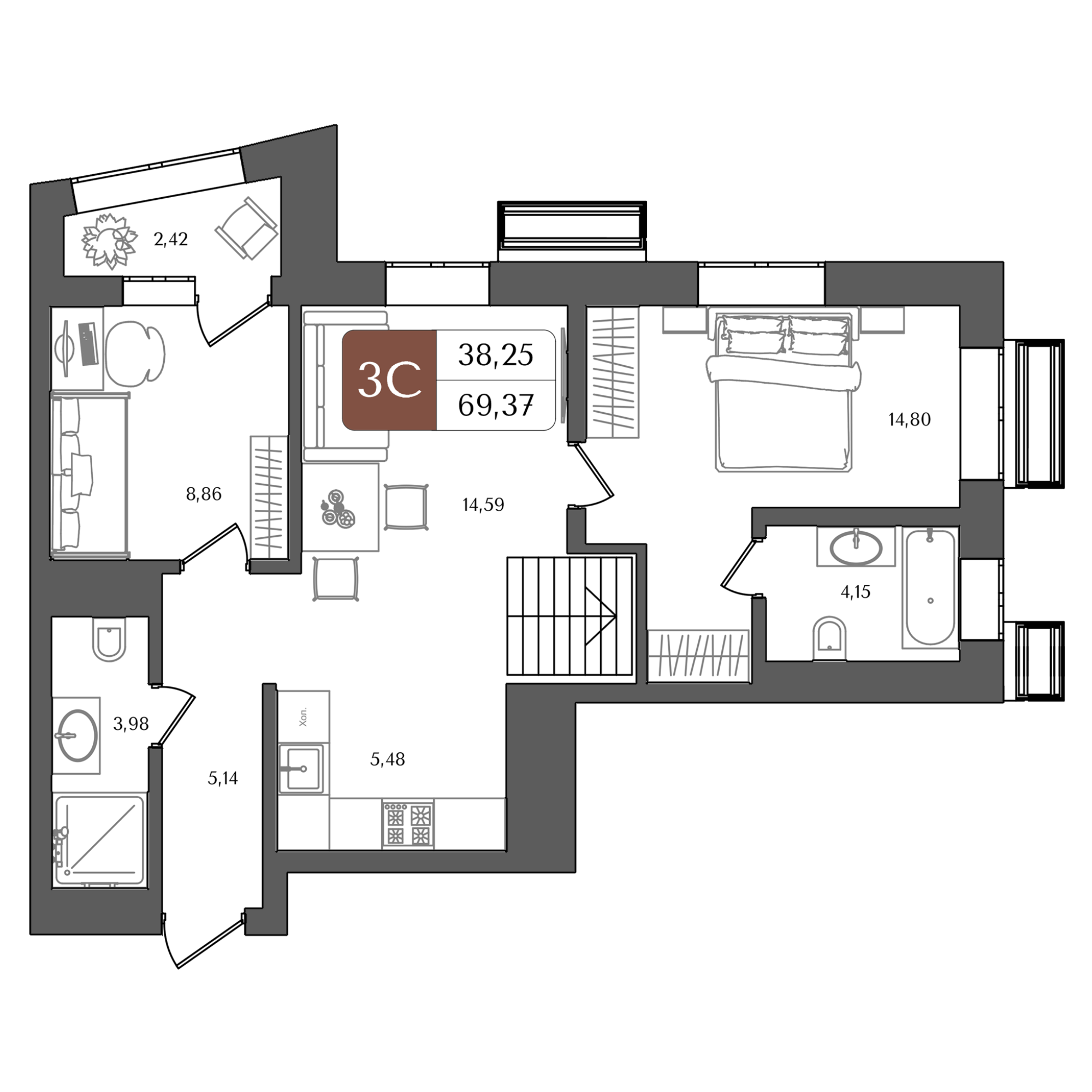 3-комнатная 69 м2 в ЖК Холмогоры корпус null этаж 21
