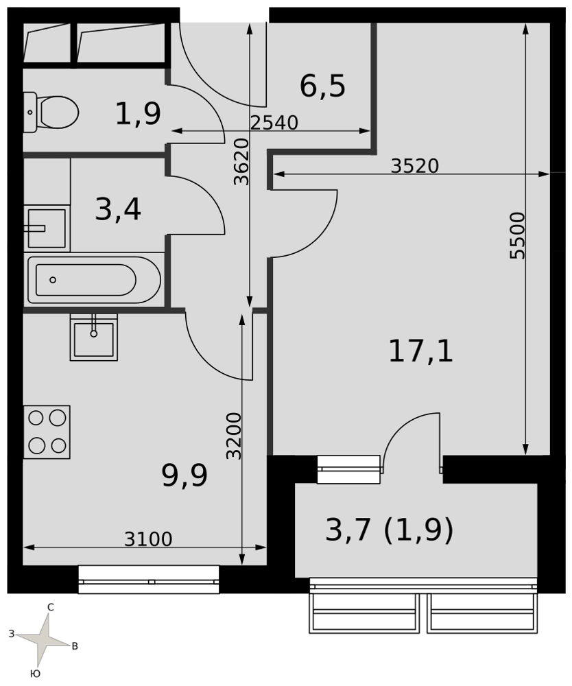 1-комнатная 40 м2 в ЖК Римский корпус null этаж 9