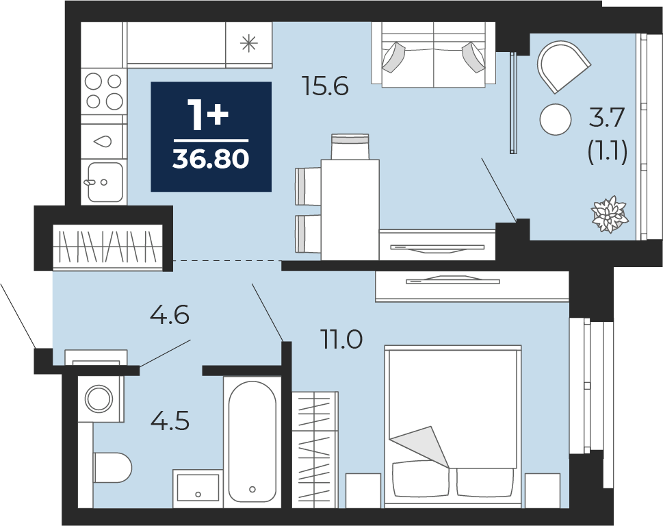 1-комнатная 35 м2 в ЖК Мириады корпус null этаж 8