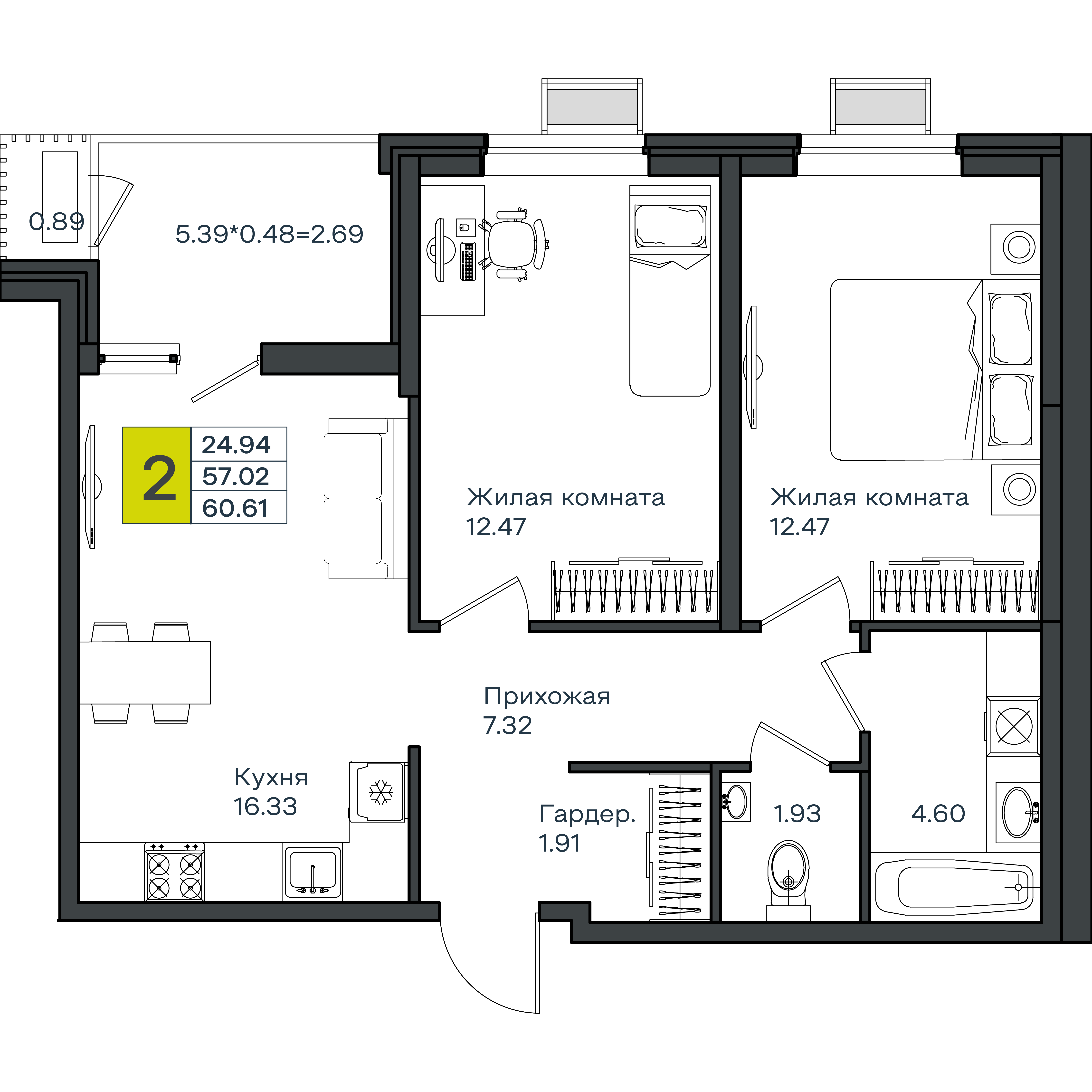 2-комнатная 60 м2 в ЖК МОНО Квартал корпус null этаж 2