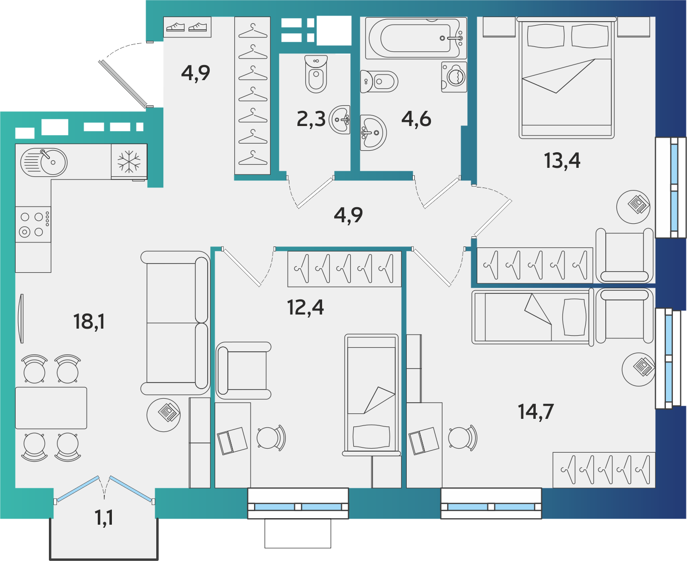 3-комнатная 75 м2 в ЖК Экополис корпус null этаж 9