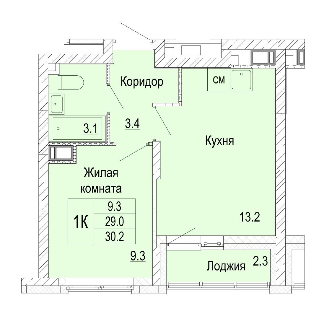 1-комнатная 30 м2 в ЖК Кузнечиха Город корпус null этаж 11