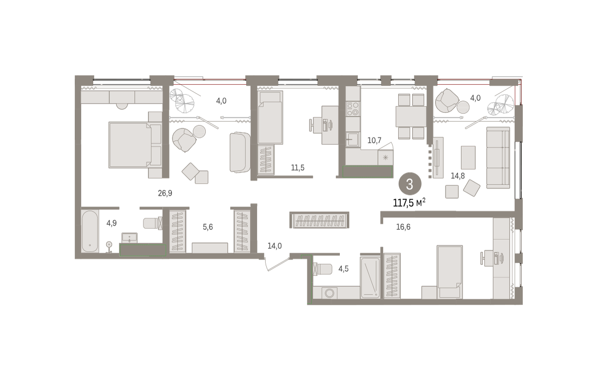 4-комнатная 117 м2 в ЖК Новин корпус null этаж 3