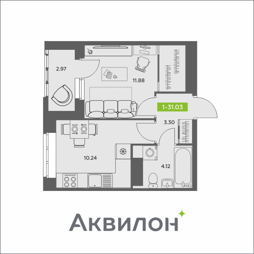 1-комнатная 31 м2 в ЖК Аквилон АКВАРТАЛ корпус null этаж 12