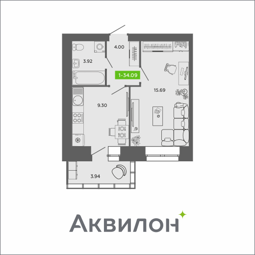 1-комнатная 34 м2 в ЖК RIVER PARK-2 корпус null этаж 10