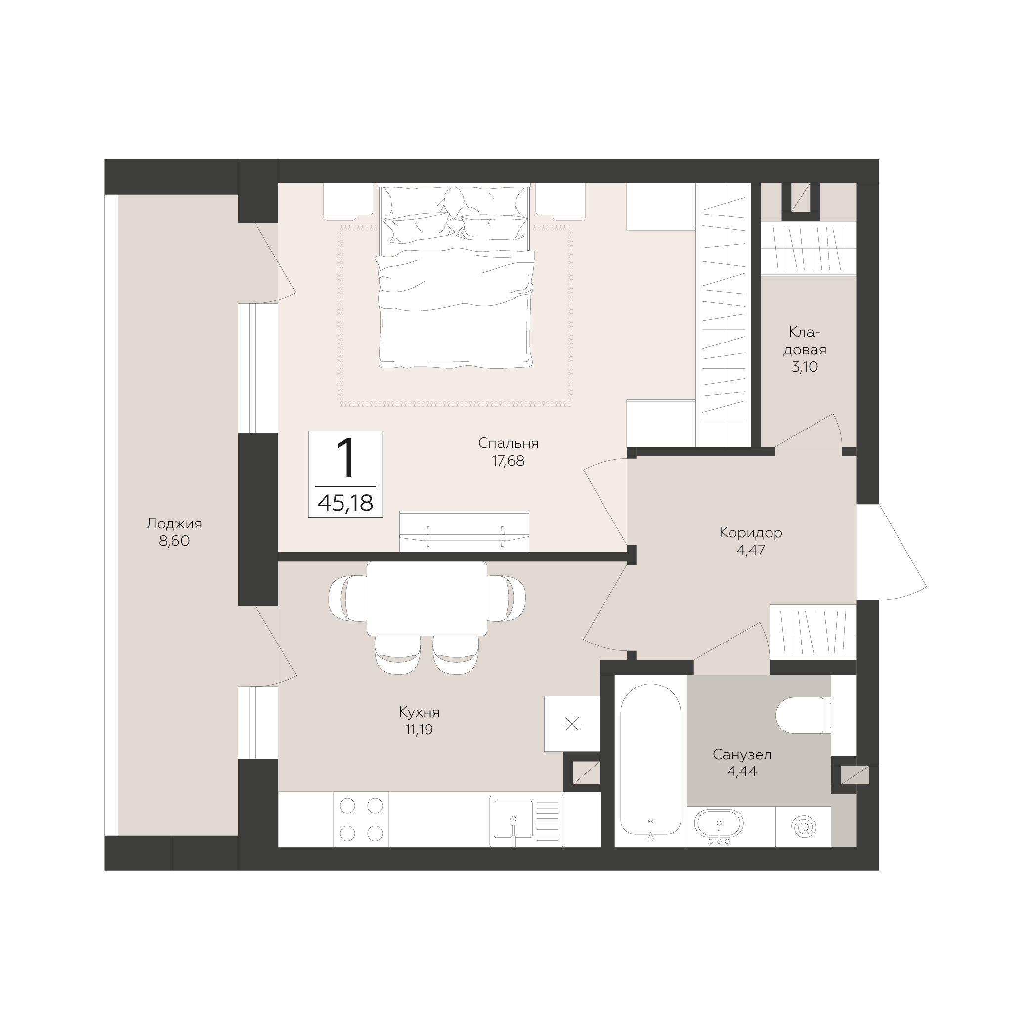 1-комнатная 45 м2 в ЖК Скай корпус null этаж 2