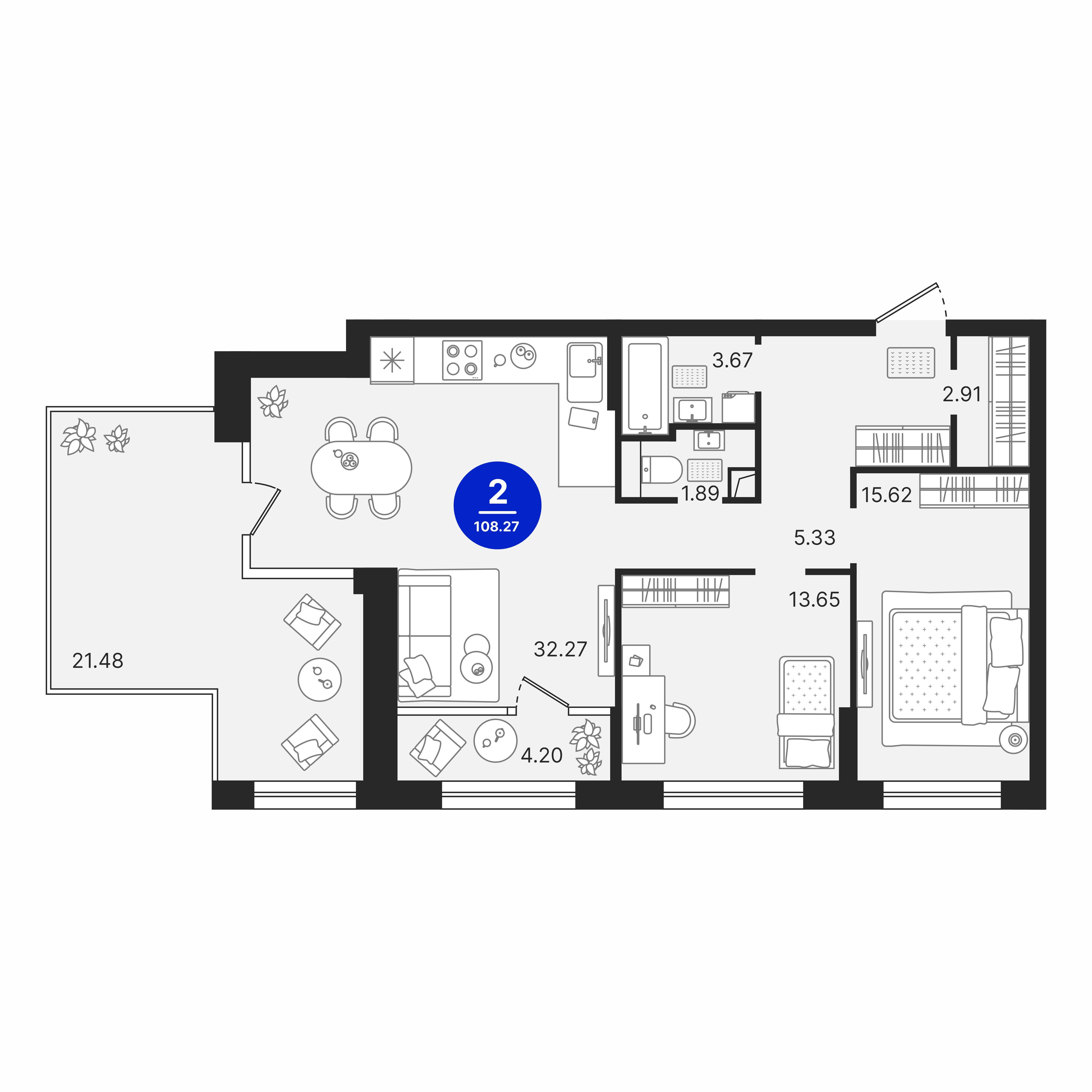 2-комнатная 86 м2 в ЖК Северное Сияние корпус null этаж 3