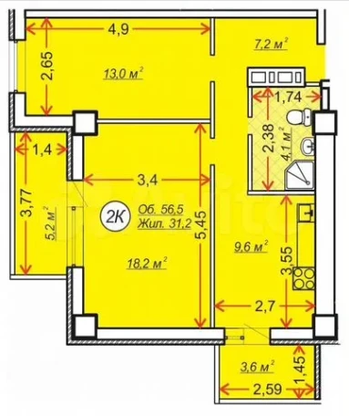 2-комнатная 56.5 м2 в ЖК undefined корпус null этаж 20