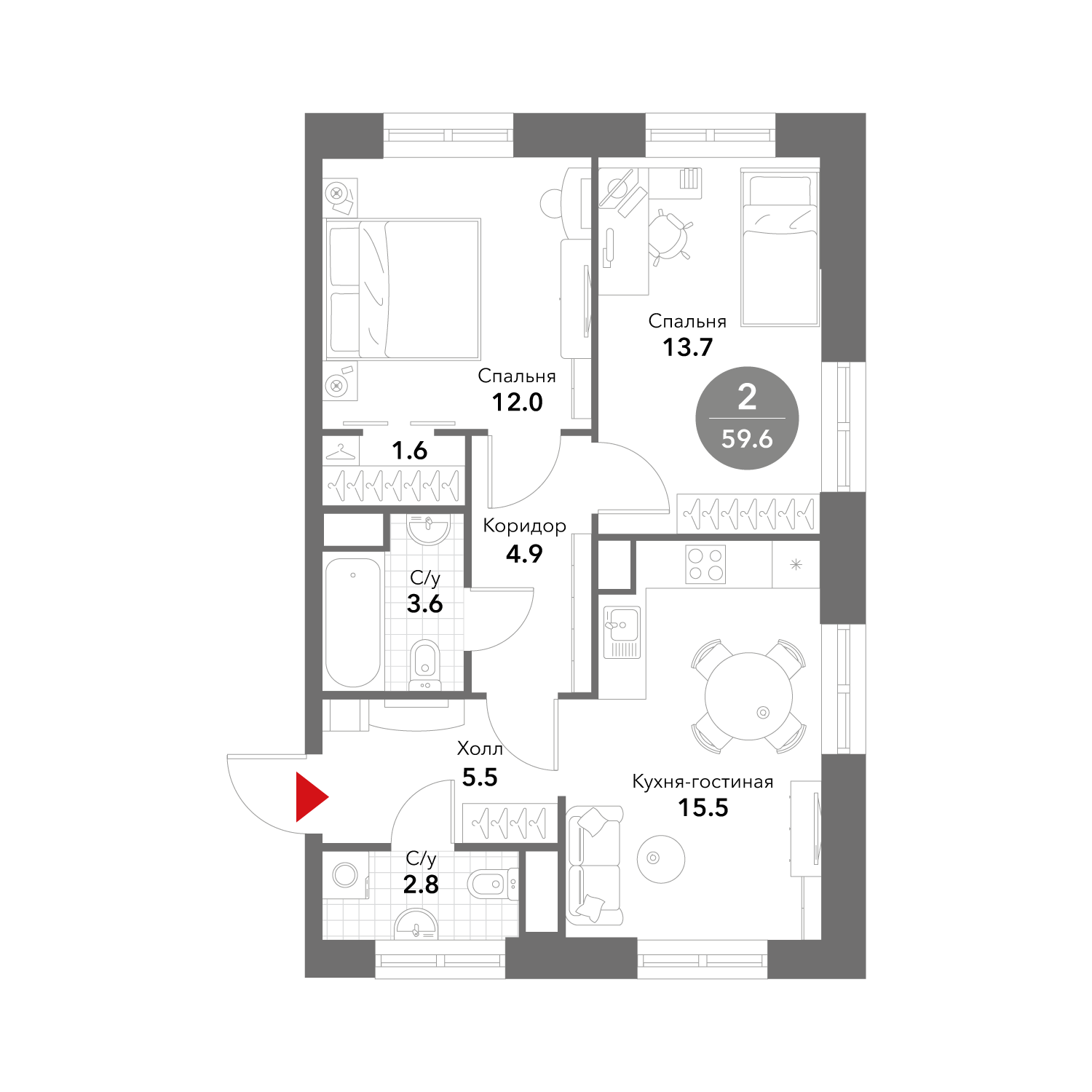 2-комнатная 59 м2 в ЖК Voxhall корпус null этаж 13