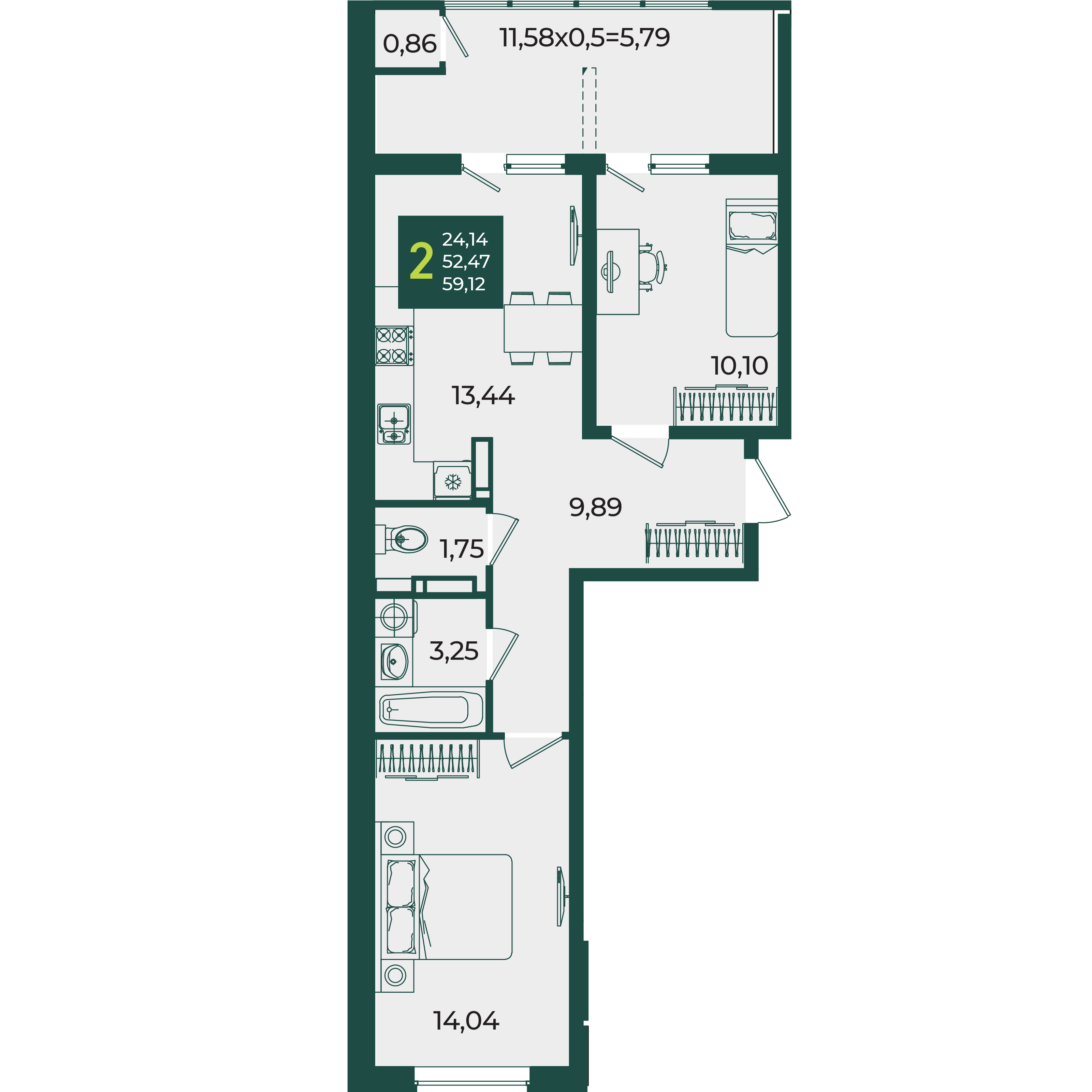 2-комнатная 59 м2 в ЖК Образцово корпус null этаж 13