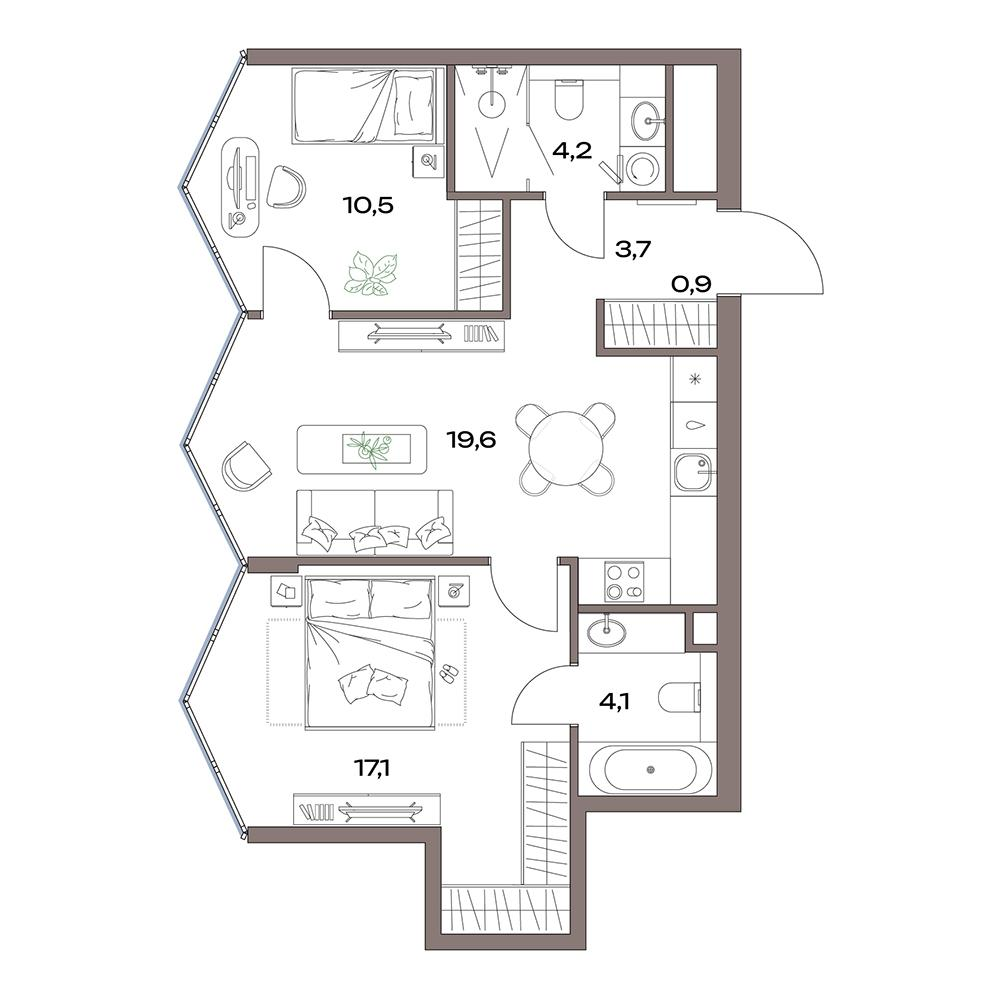 3-комнатная 60 м2 в ЖК Акценты корпус null этаж 30