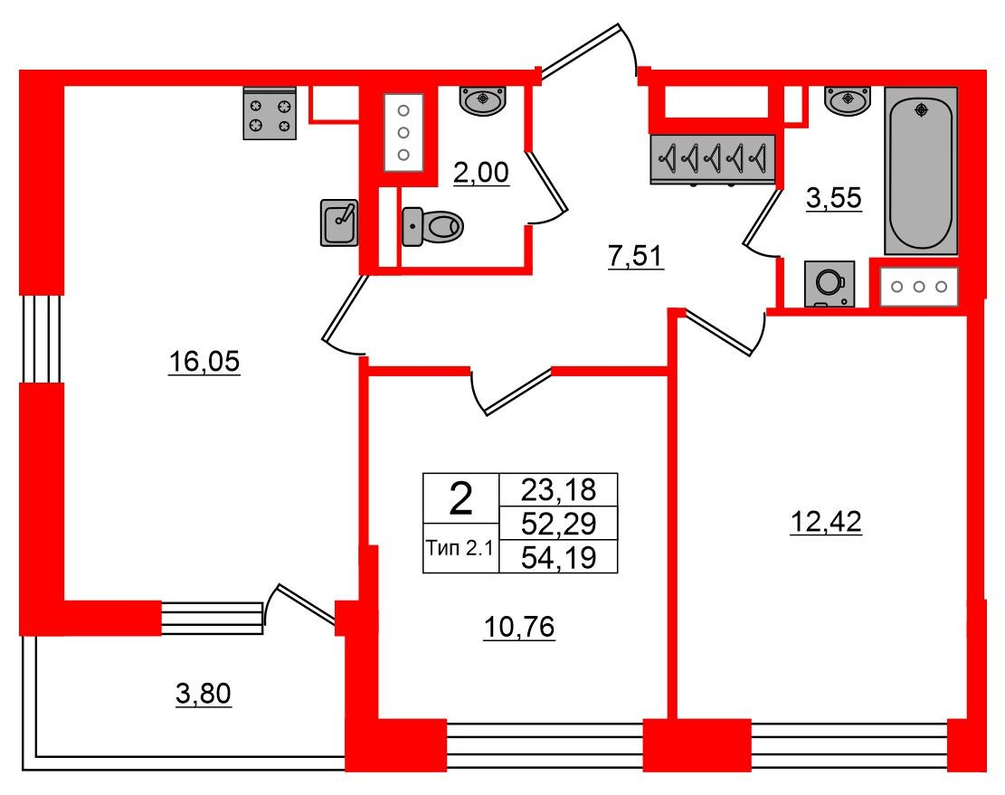 2-комнатная 52 м2 в ЖК Setl Ривьера корпус null этаж 3
