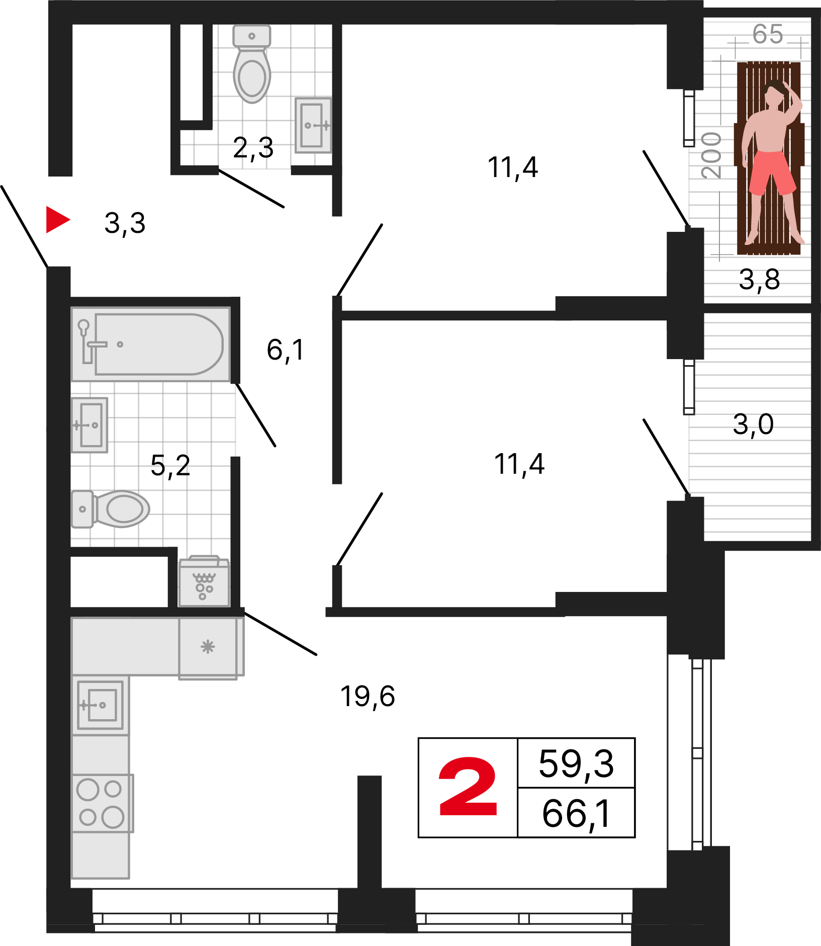 2-комнатная 66 м2 в ЖК Бестселлер корпус null этаж 7