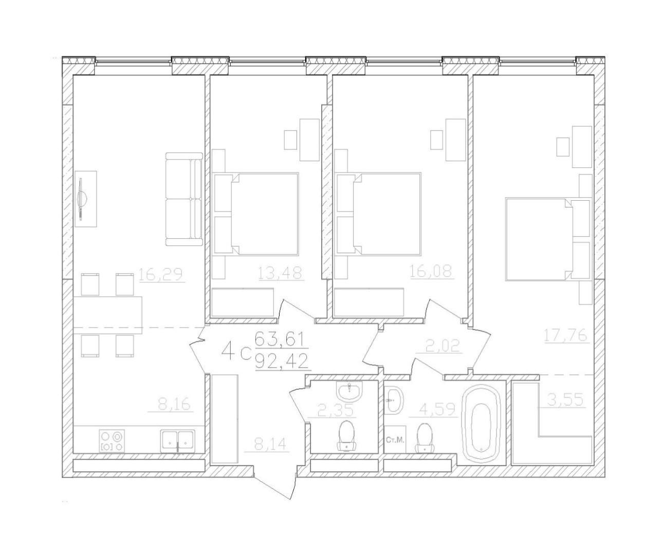 4-комнатная 92.6 м2 в ЖК undefined корпус null этаж 24