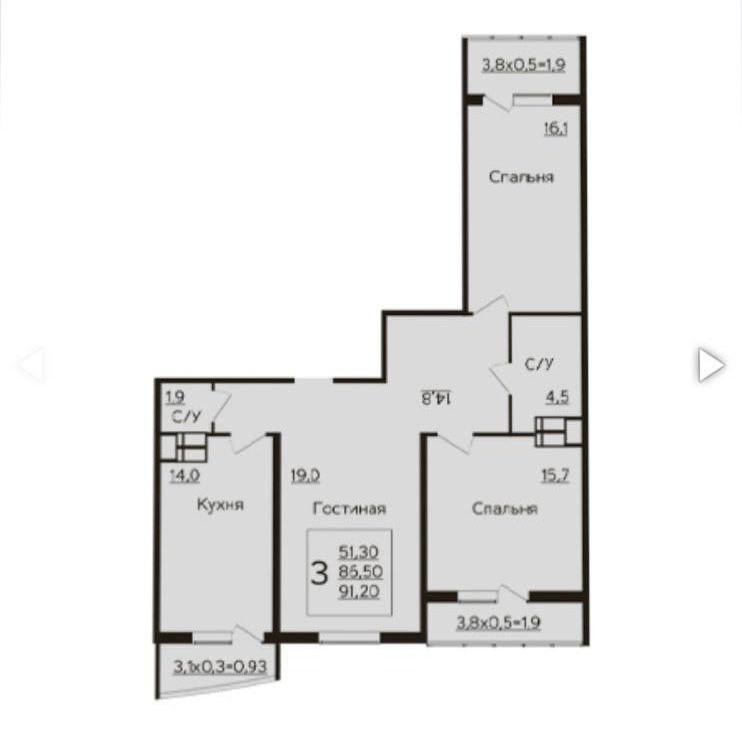 3-комнатная 85.4 м2 в ЖК undefined корпус null этаж 4