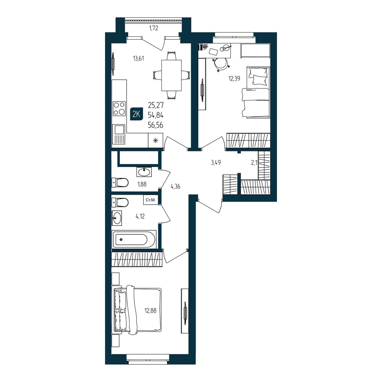 2-комнатная 54 м2 в ЖК Квартал Мятный корпус null этаж 25
