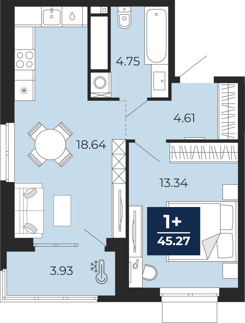 1-комнатная 41 м2 в ЖК Мириады корпус null этаж 12