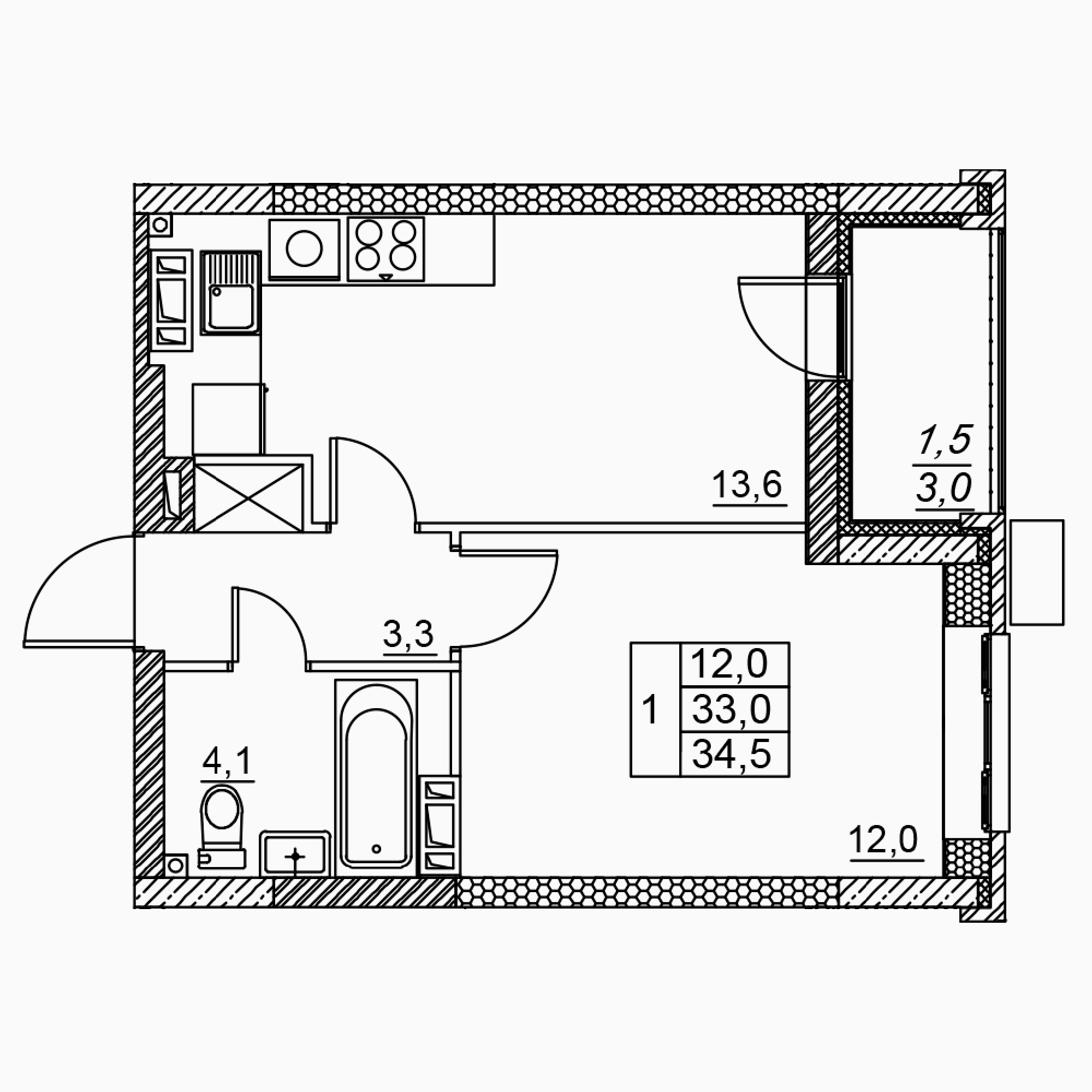 1-комнатная 34 м2 в ЖК Засекин корпус null этаж 12