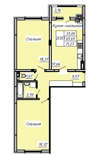 3-комнатная 71.3 м2 в ЖК undefined корпус null этаж 7