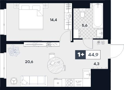 1-комнатная 44 м2 в ЖК U2 корпус null этаж 4