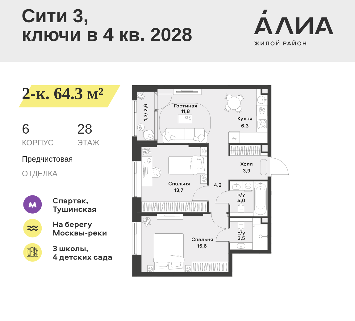 2-комнатная 64 м2 в ЖК АЛИА корпус null этаж 28