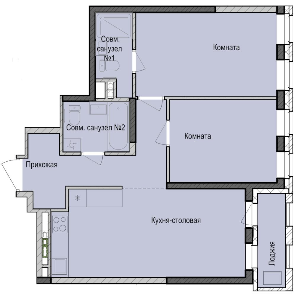 2-комнатная 60 м2 в ЖК Унай корпус null этаж 2