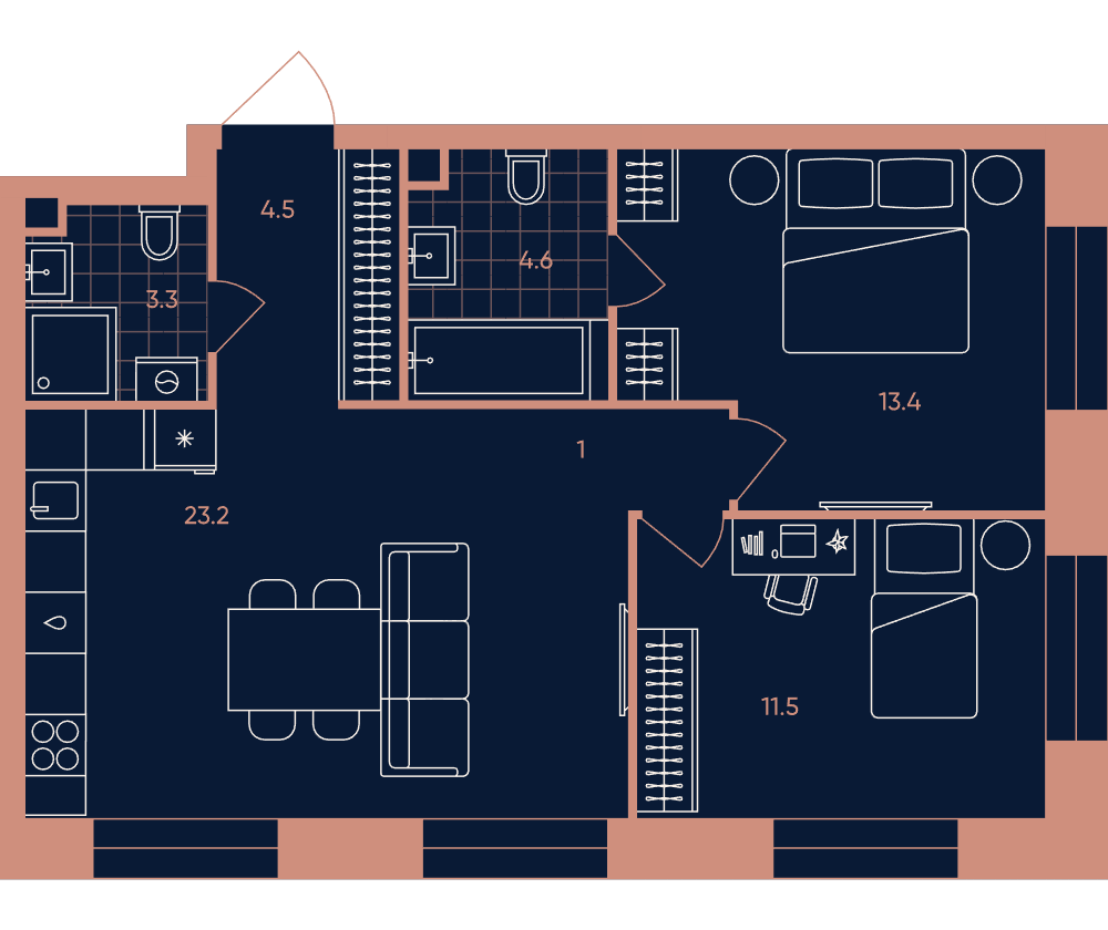3-комнатная 61 м2 в ЖК ERA / Дербеневская 20 корпус null этаж 8
