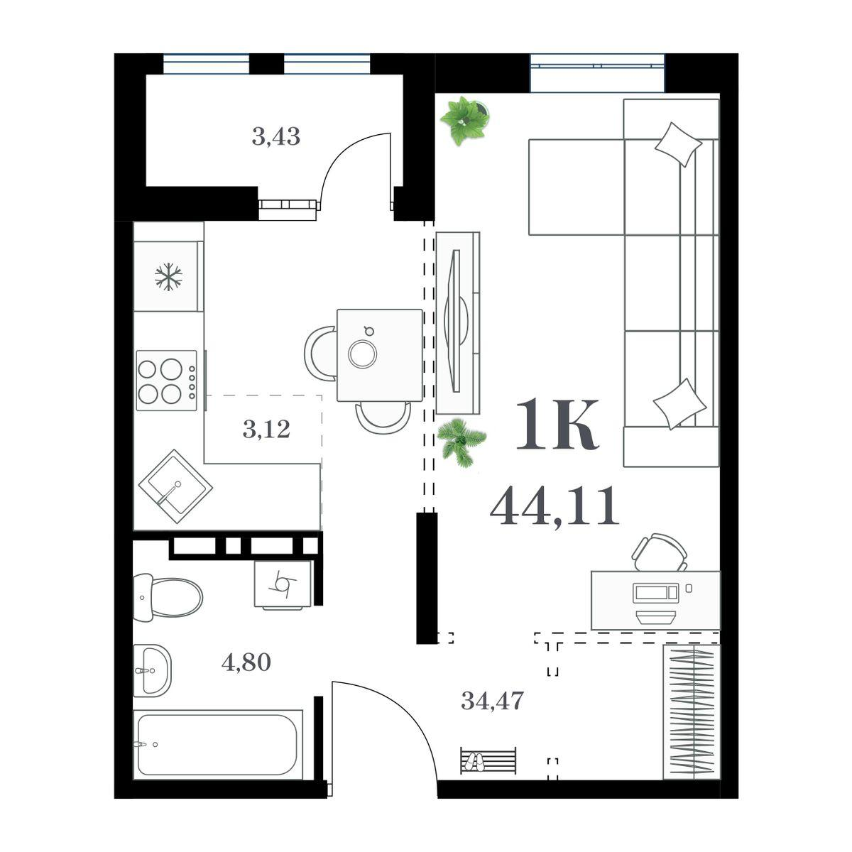 1-комнатная 44 м2 в ЖК Амурский корпус null этаж 5